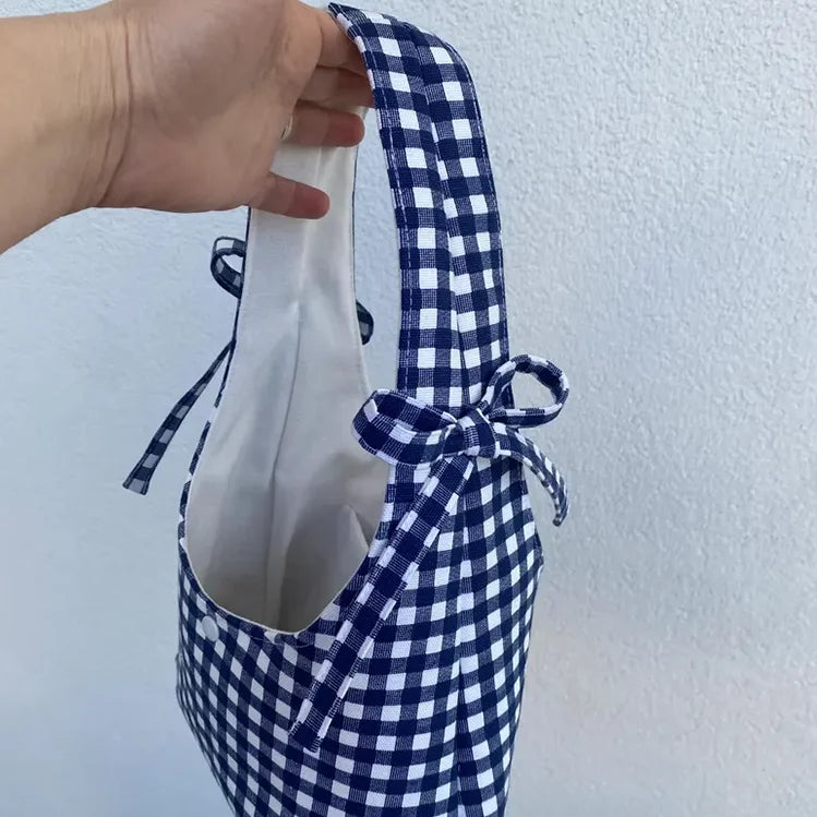 Personalized Handmade Red Gingham Tote Bag Cute Mini Bow Hobo Bag Cotton Canvas Shoulder Bag