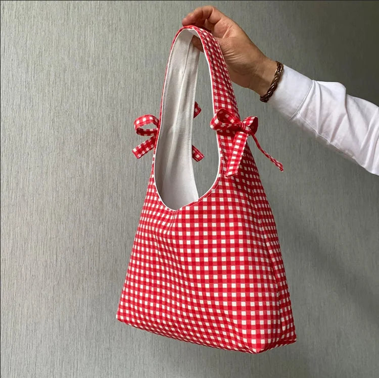 Personalized Handmade Red Gingham Tote Bag Cute Mini Bow Hobo Bag Cotton Canvas Shoulder Bag