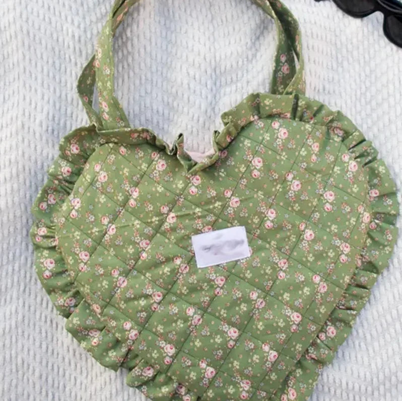 Personalized Heart Shaped Tote Bag Handmade Embroidered Shoulder Bag Floral Print Quilted Women Tote Handbag