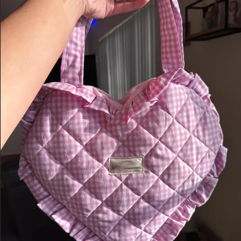Personalized Heart Shaped Tote Bag Handmade Embroidered Shoulder Bag Floral Print Quilted Women Tote Handbag