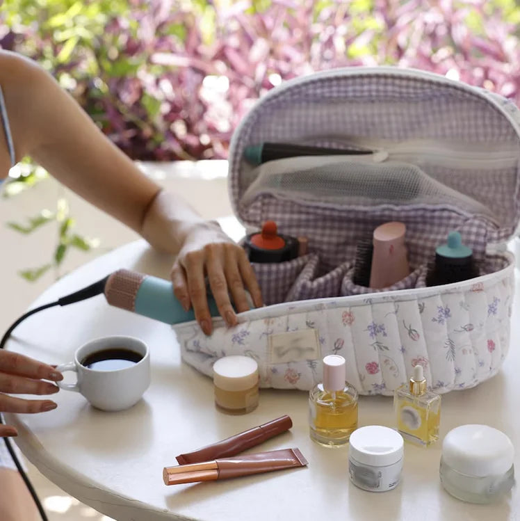Personalized Quilted Train Case Handmade Cotton Large Cosmetic Bag Custom Floral Pattern Makeup Bag Set