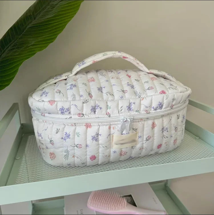 Personalized Quilted Train Case Handmade Cotton Large Cosmetic Bag Custom Floral Pattern Makeup Bag Set