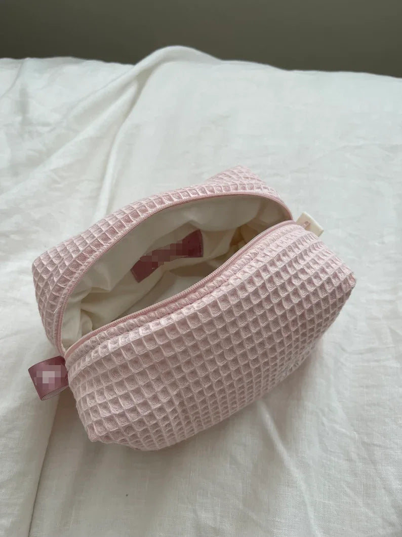 Personalized Soft Waffle Embroidery Cosmetic Bag Make up Pouch Bridal Bridesmaid Toiletry Bag