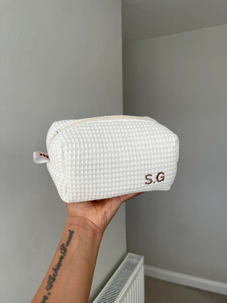 Personalized Soft Waffle Embroidery Cosmetic Bag Make up Pouch Bridal Bridesmaid Toiletry Bag