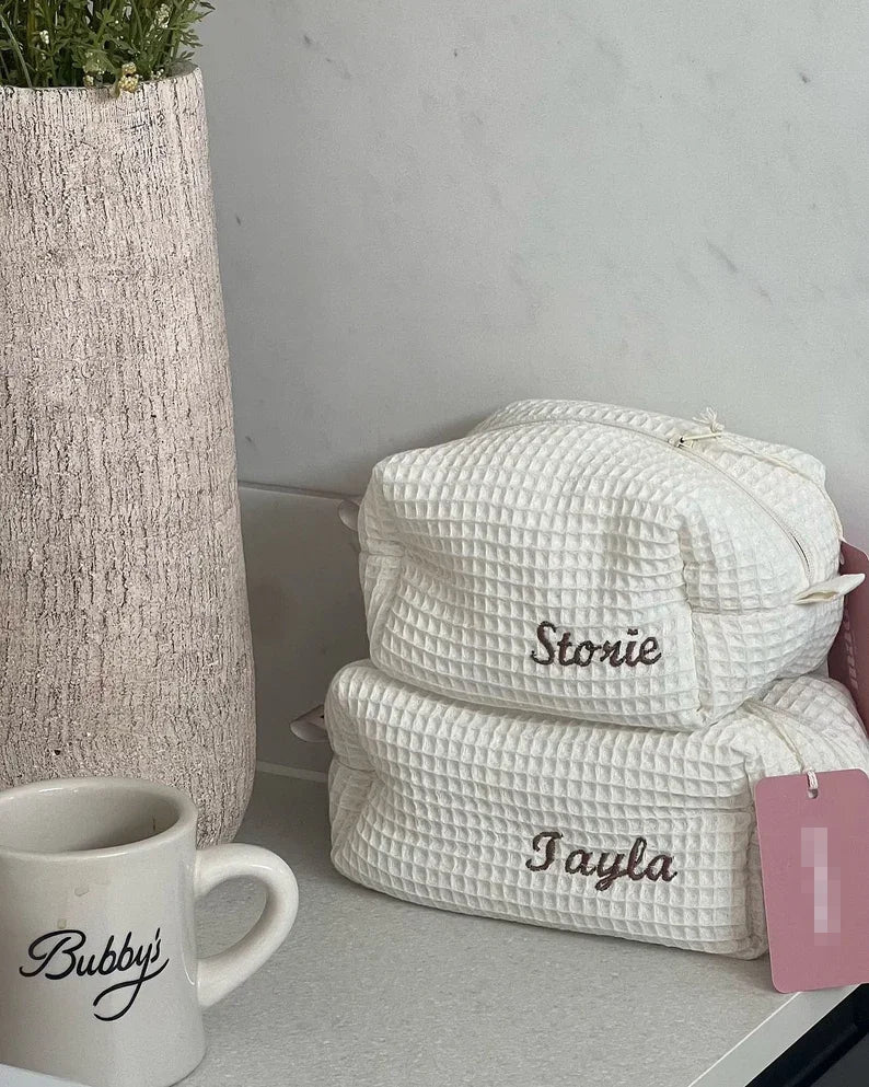 Personalized Soft Waffle Embroidery Cosmetic Bag Make up Pouch Bridal Bridesmaid Toiletry Bag