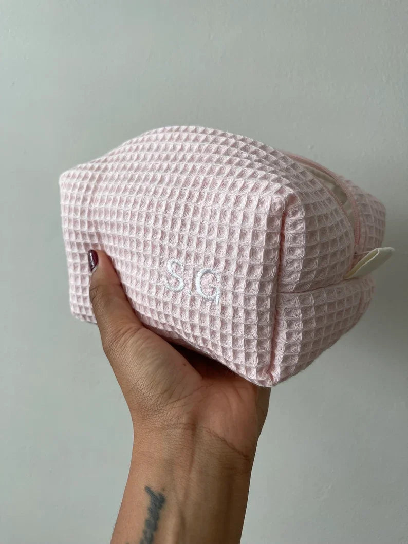 Personalized Soft Waffle Embroidery Cosmetic Bag Make up Pouch Bridal Bridesmaid Toiletry Bag