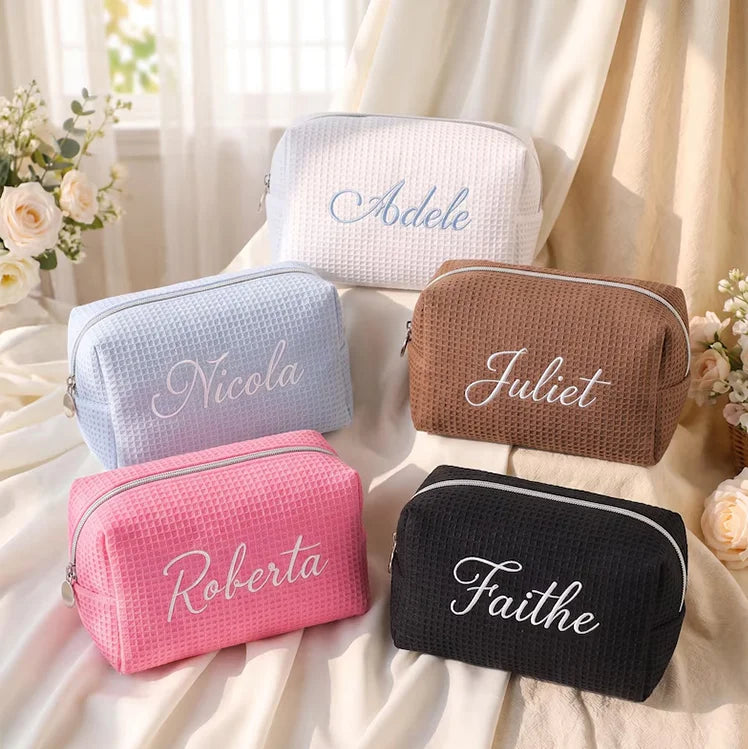 Personalized Waffle Makeup Bag Custom Cotton Embroidered Cosmetic Bag Travel Toiletry Pouch for Bridesmaid