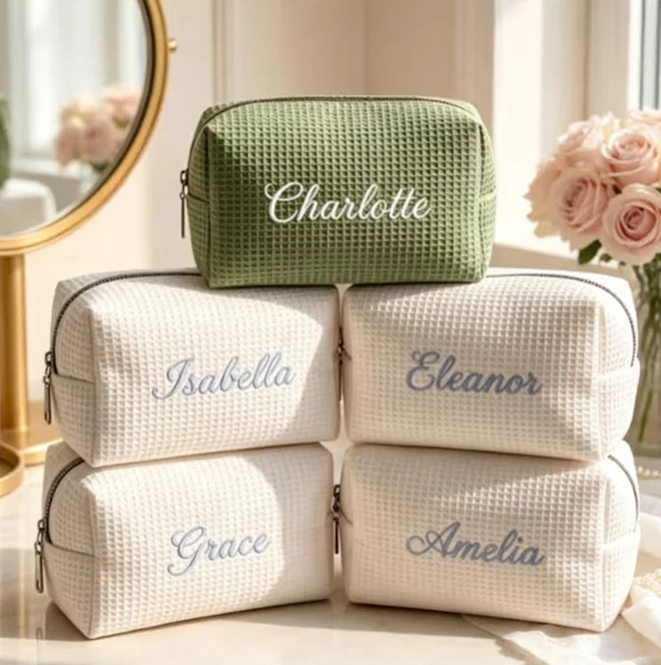 Personalized Waffle Makeup Bag Custom Cotton Embroidered Cosmetic Bag Travel Toiletry Pouch for Bridesmaid