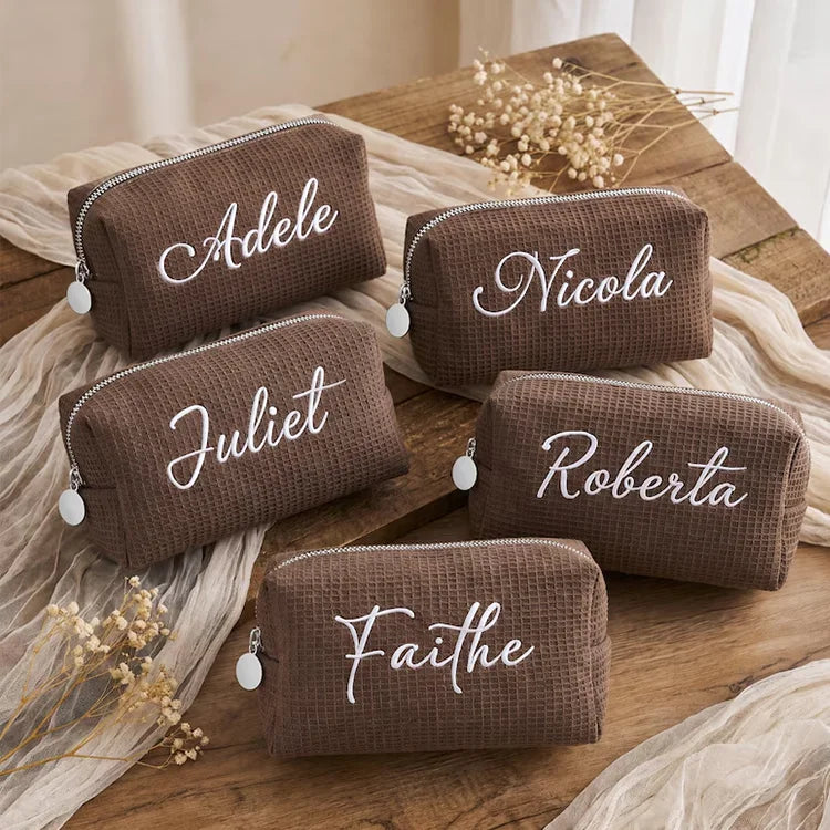 Personalized Waffle Makeup Bag Custom Cotton Embroidered Cosmetic Bag Travel Toiletry Pouch for Bridesmaid