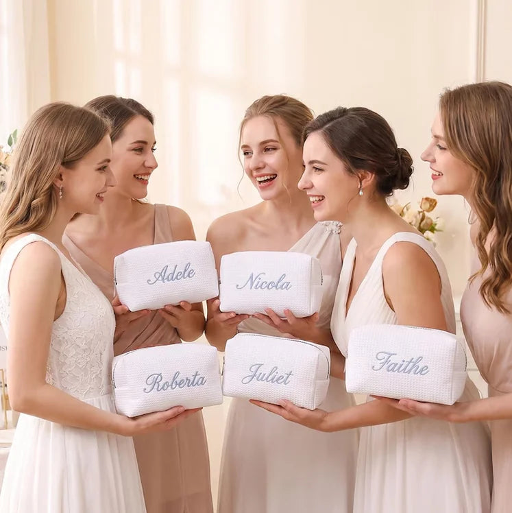 Personalized Waffle Makeup Bag Custom Cotton Embroidered Cosmetic Bag Travel Toiletry Pouch for Bridesmaid