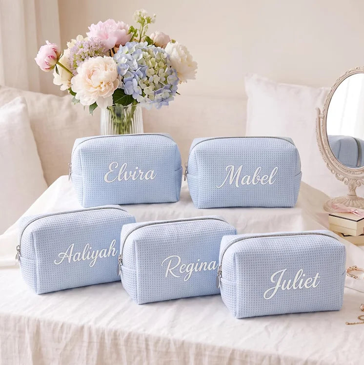 Personalized Waffle Makeup Bag Custom Cotton Embroidered Cosmetic Bag Travel Toiletry Pouch for Bridesmaid