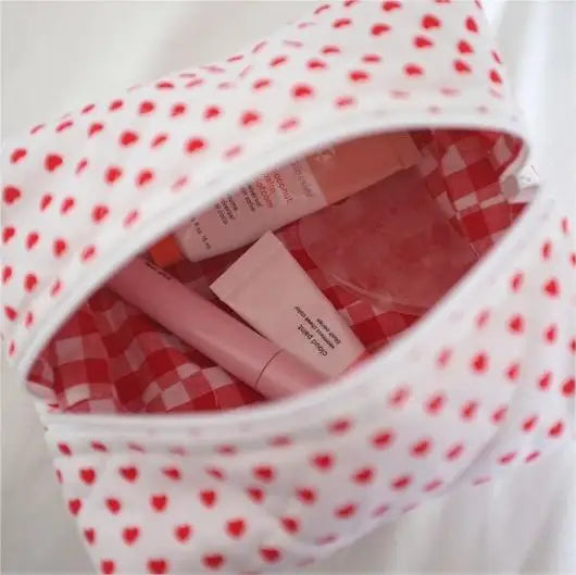 Pink Gingham Zippered Square Makeup Bags Heart Print Quilted Strawberry Cotton Cosmetics Bag