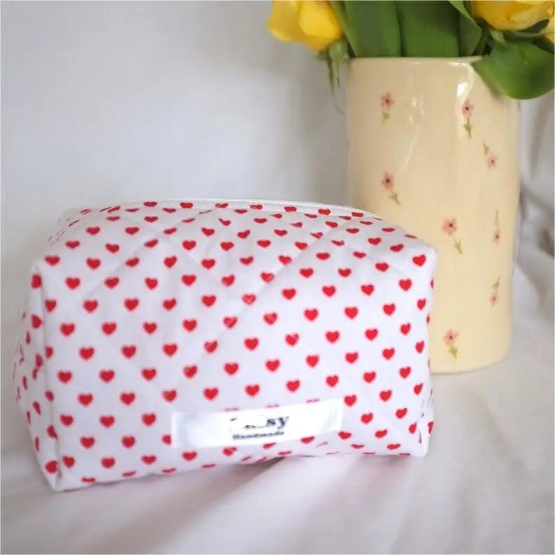 Pink Gingham Zippered Square Makeup Bags Heart Print Quilted Strawberry Cotton Cosmetics Bag
