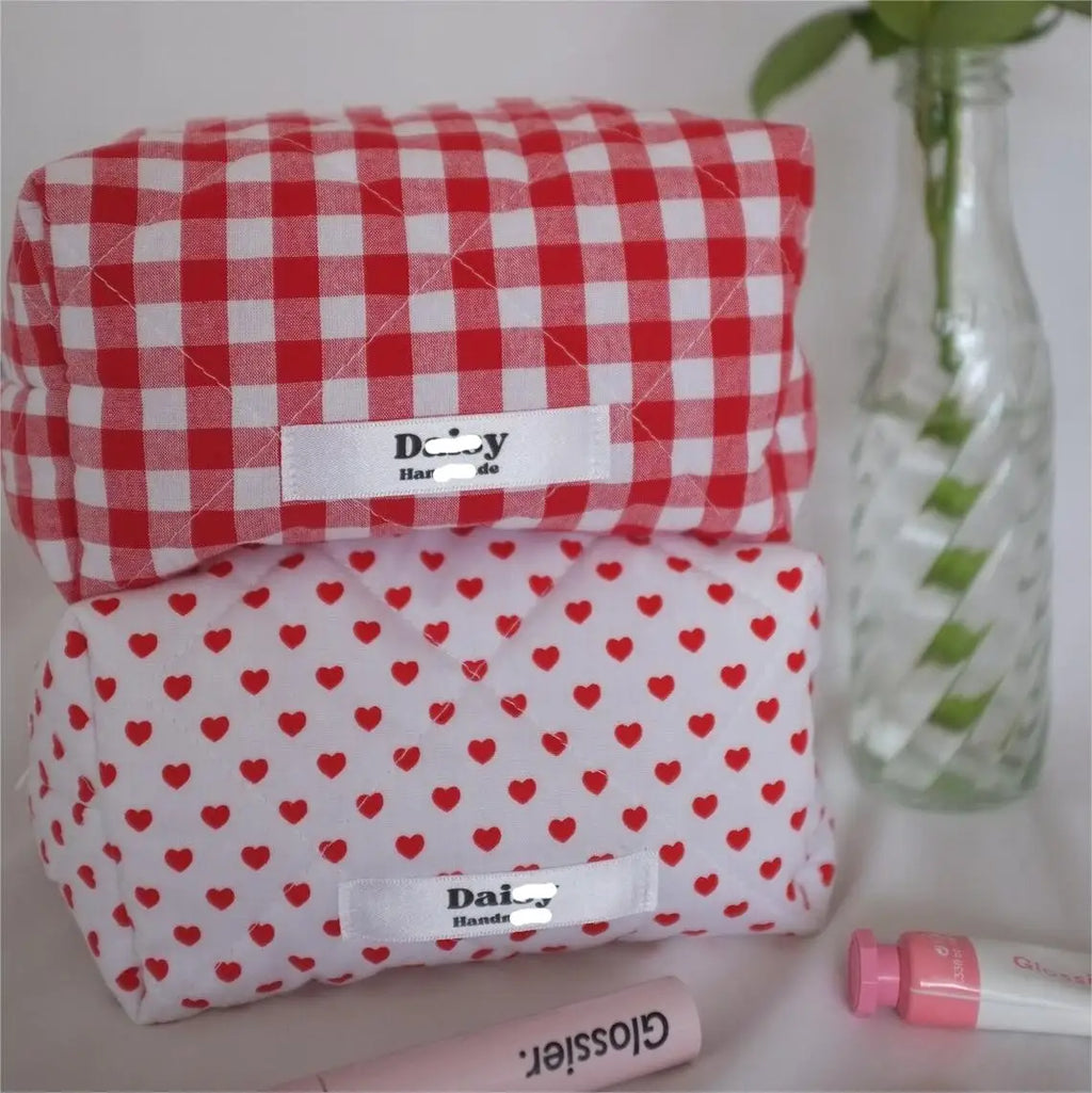 Pink Gingham Zippered Square Makeup Bags Heart Print Quilted Strawberry Cotton Cosmetics Bag