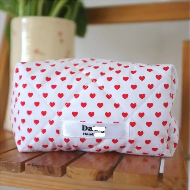 Pink Gingham Zippered Square Makeup Bags Heart Print Quilted Strawberry Cotton Cosmetics Bag