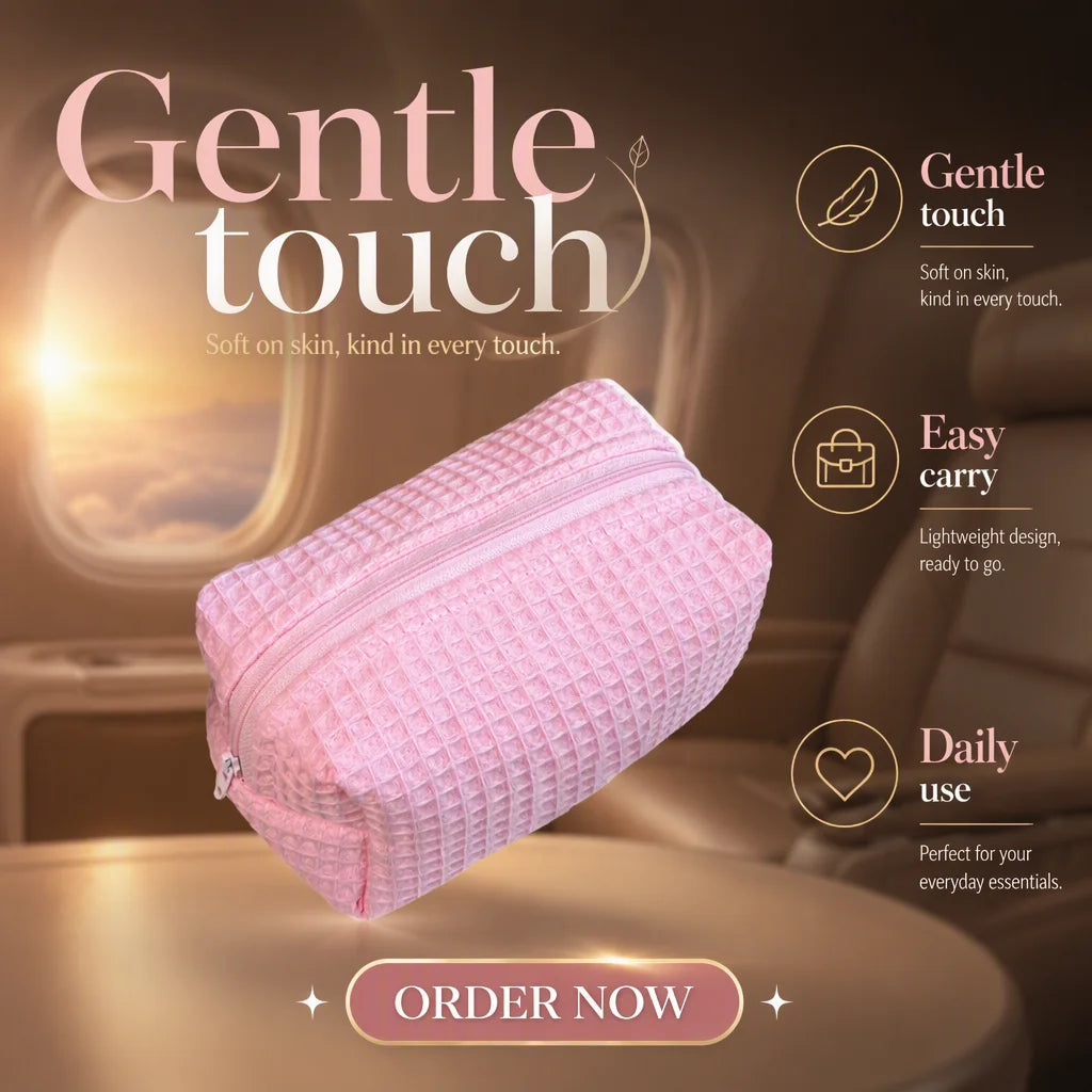 Portable Large Eco-Friendly Foldable Travel Makeup Bag Custom Logo Factory Direct Cotton Waffle Pattern White Printed Poofy