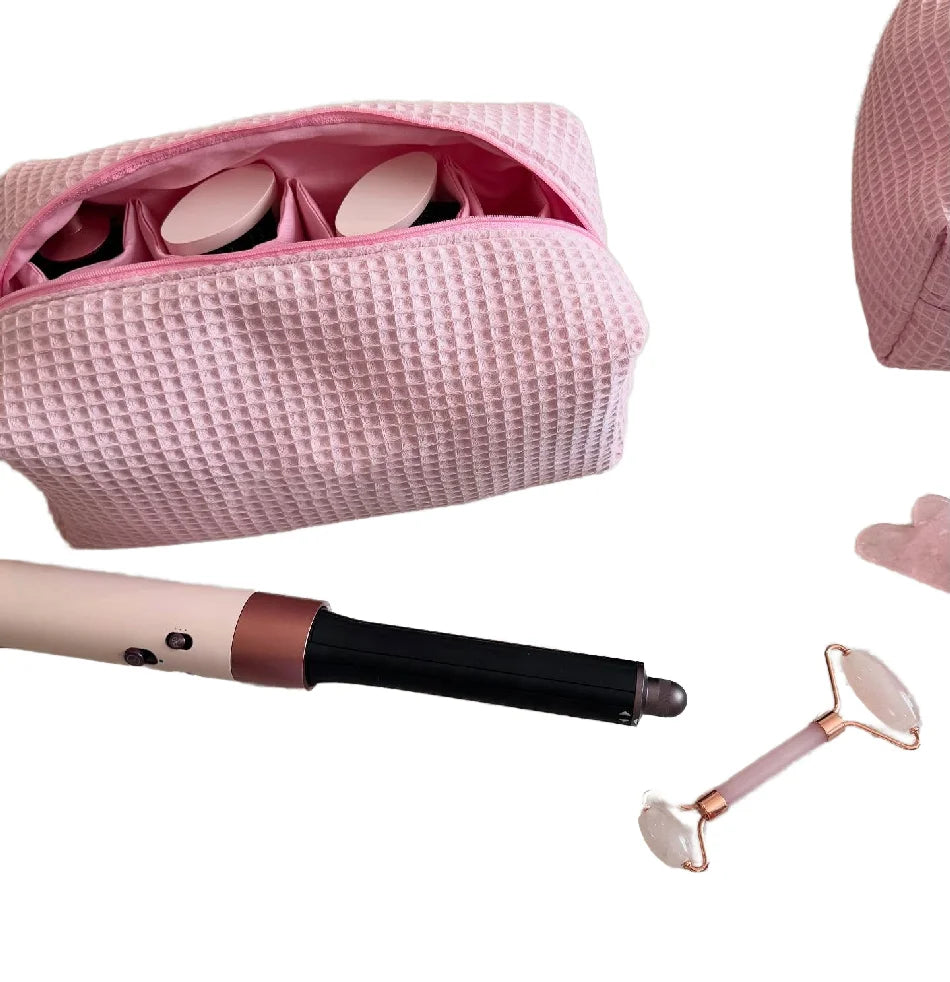 Portable Large Eco-Friendly Foldable Travel Makeup Bag Custom Logo Factory Direct Cotton Waffle Pattern White Printed Poofy