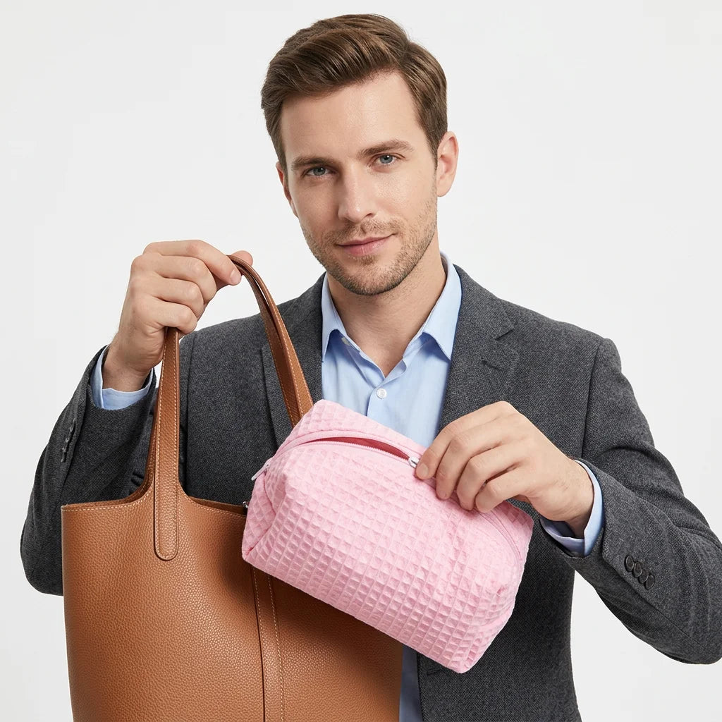 Portable Large Eco-Friendly Foldable Travel Makeup Bag Custom Logo Factory Direct Cotton Waffle Pattern White Printed Poofy