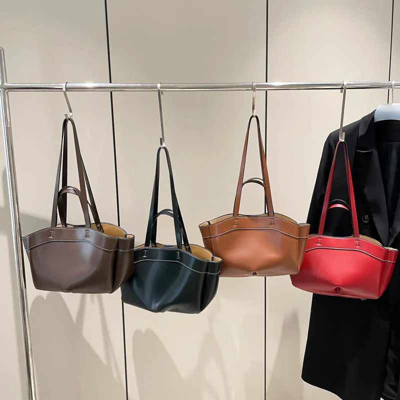 Premium PU Commute Tote Shoulder Bag Simple Open Design Large Capacity Everyday Casual Matching Pouch Set Handheld Shopping Bag