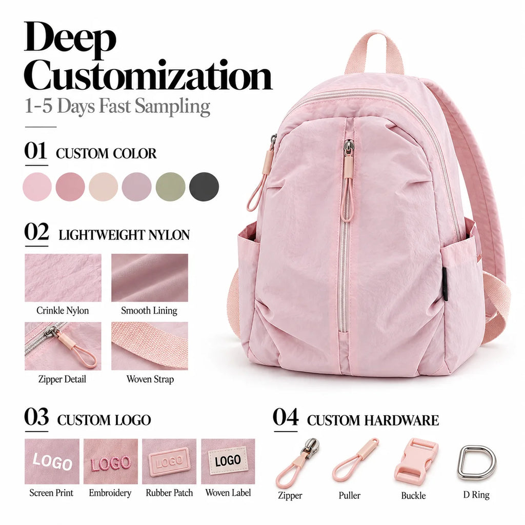 Private Label OEM ODM BSCI Certified Factory Nylon Backpack Front Zip Side Bottle Pocket Minimalist for School Work Travel