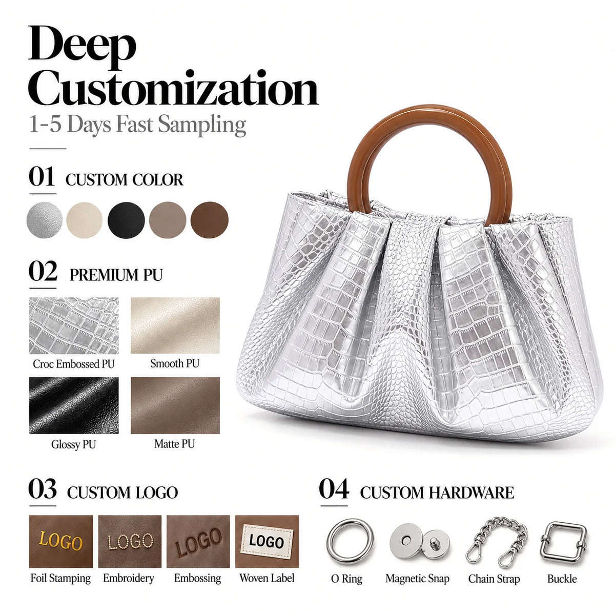 Private Label OEM ODM BSCI Certified Factory Glossy PU Evening Bag Pleated Ring Handle Elegant for Women Party Wedding