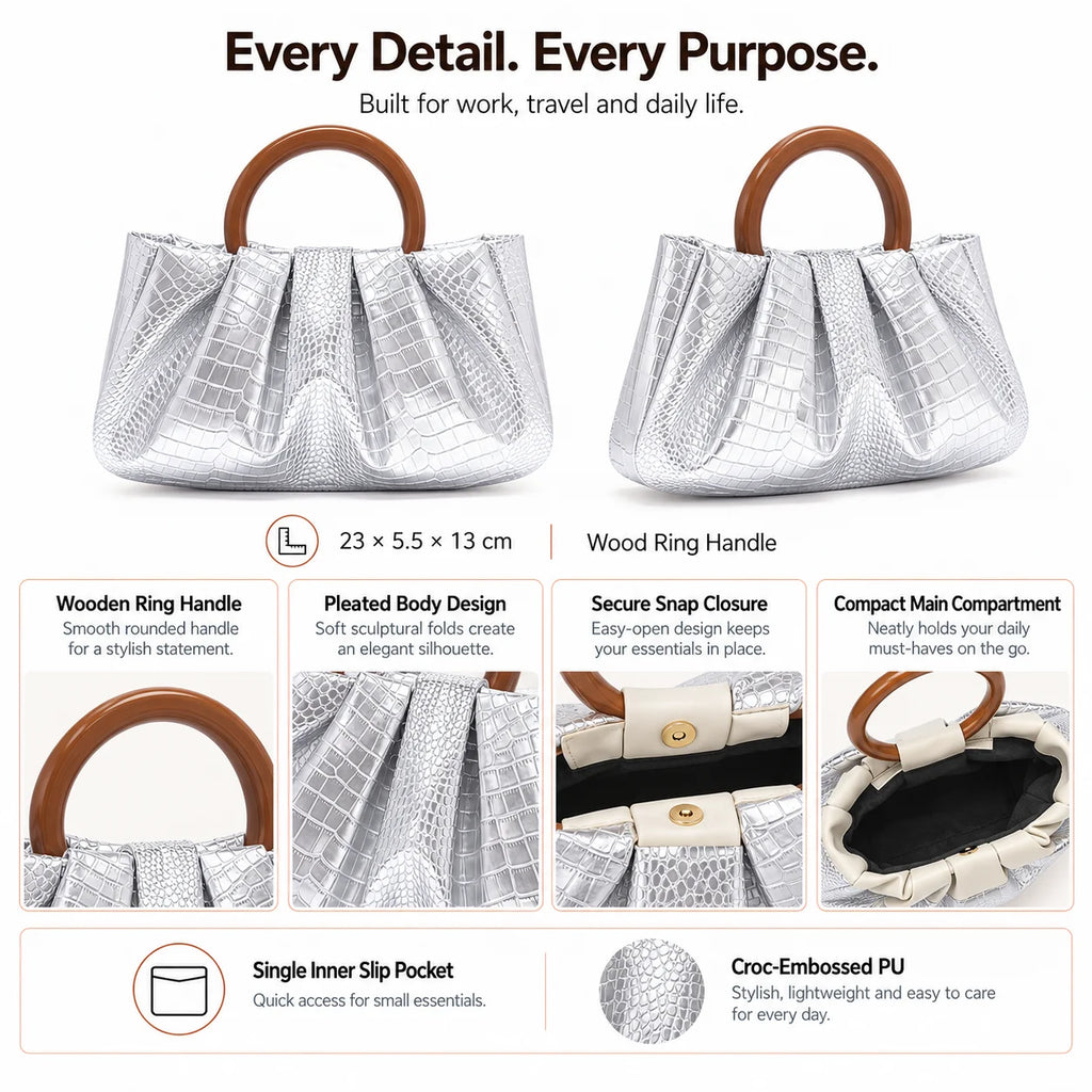 Private Label OEM ODM BSCI Certified Factory Glossy PU Evening Bag Pleated Ring Handle Elegant for Women Party Wedding