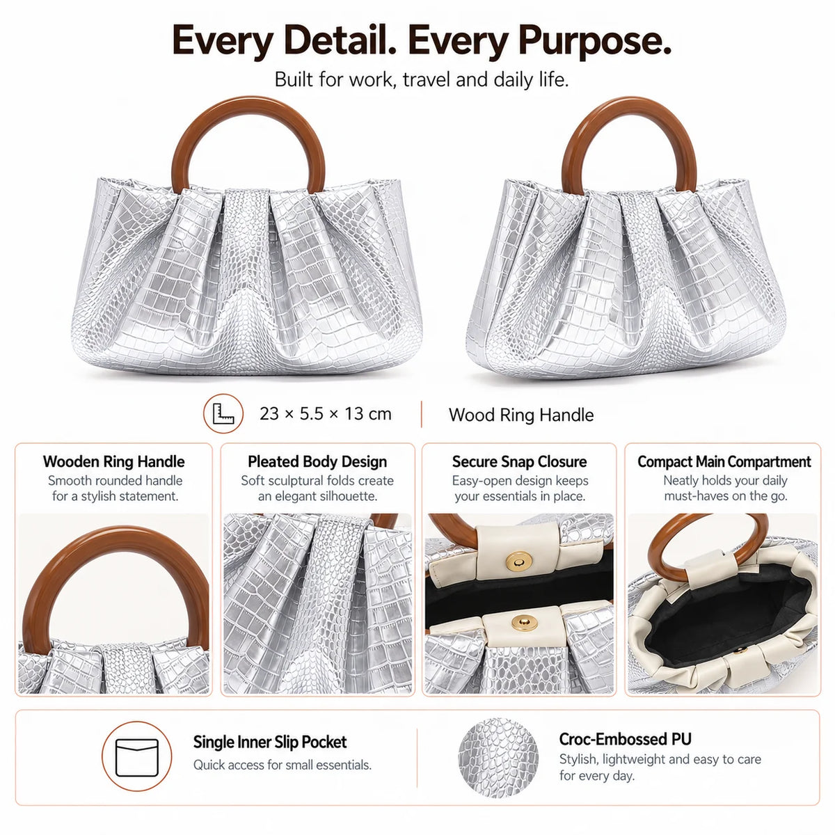Private Label OEM ODM BSCI Certified Factory Glossy PU Evening Bag Pleated Ring Handle Elegant for Women Party Wedding