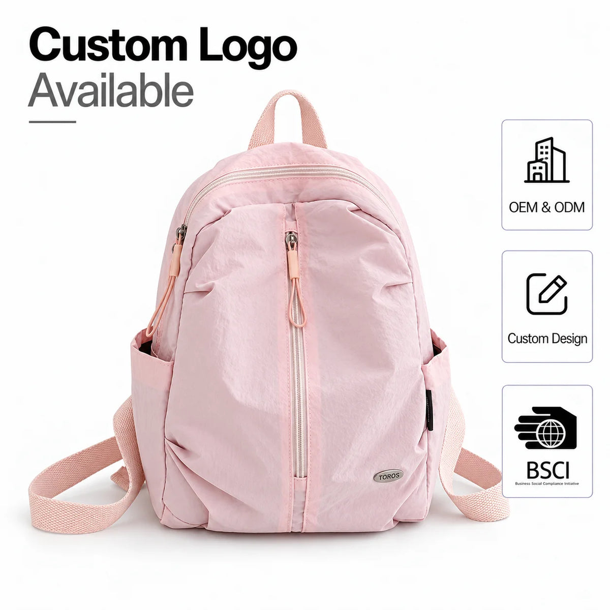 Private Label OEM ODM BSCI Certified Factory Nylon Backpack Front Zip Side Bottle Pocket Minimalist for School Work Travel