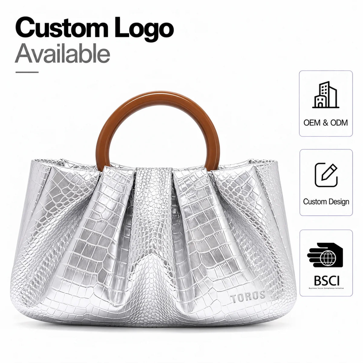 Private Label OEM ODM BSCI Certified Factory Glossy PU Evening Bag Pleated Ring Handle Elegant for Women Party Wedding