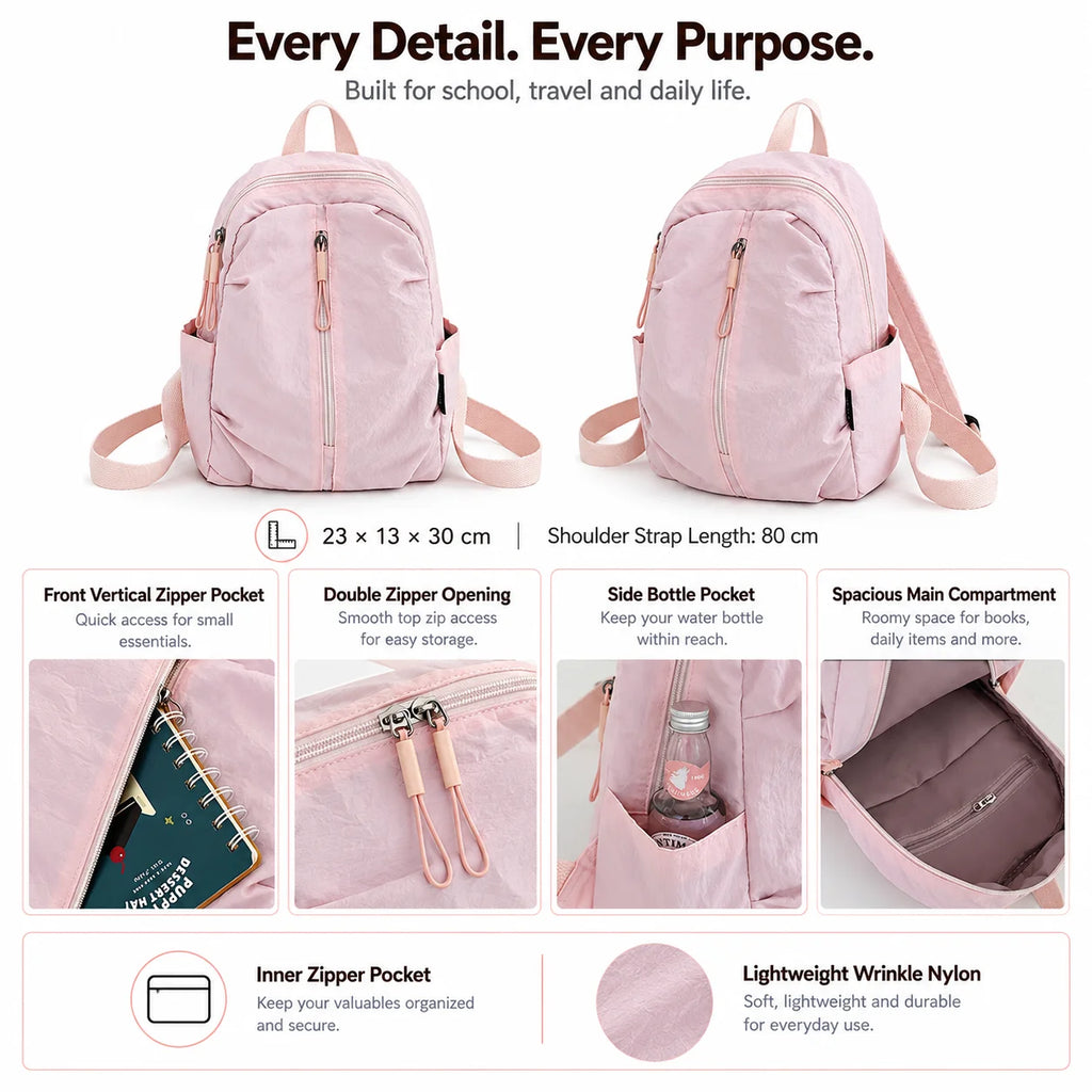 Private Label OEM ODM BSCI Certified Factory Nylon Backpack Front Zip Side Bottle Pocket Minimalist for School Work Travel
