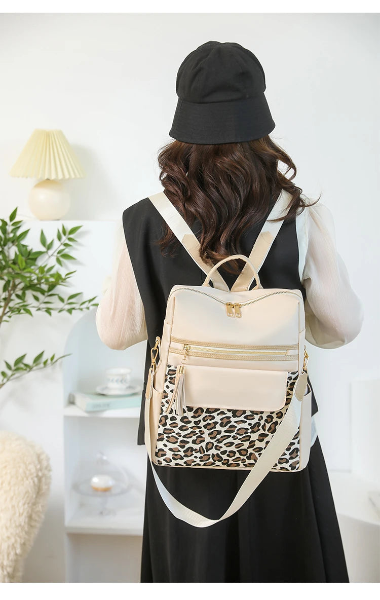 Purse Satchel Vintage Leopard Print Waterproof Convertible Backpack Nylon Zipper Closure Polyester Lining Business Commuting