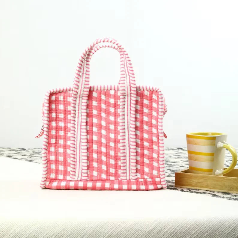Quilted Cotton Lunch Box Bag Floral Print Handle Bag Convenient Small Tote Bag