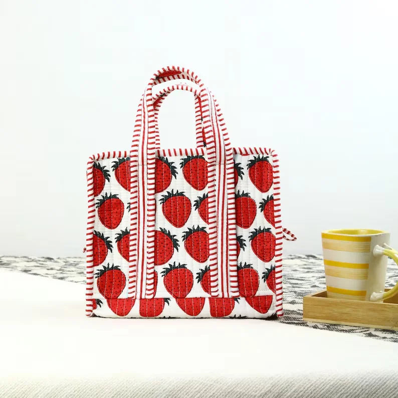 Quilted Cotton Lunch Box Bag Floral Print Handle Bag Convenient Small Tote Bag