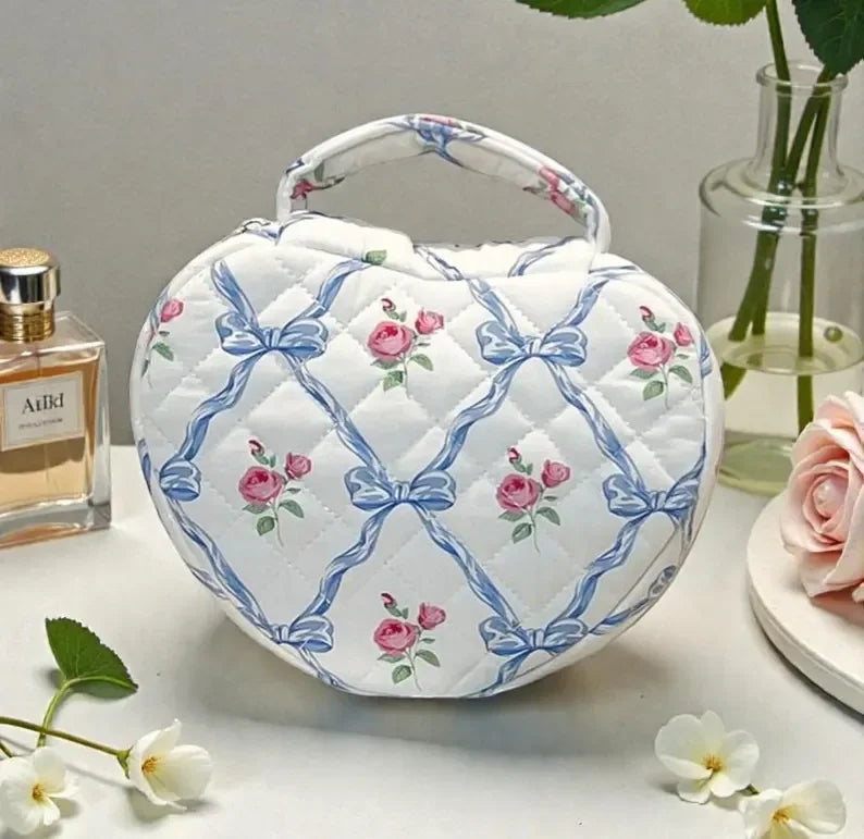 Quilted Cotton Makeup Bag Heart Shaped Floral Cosmetic Organizer Travel Toiletry Bag with Zipper