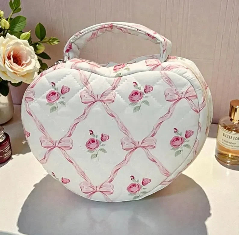 Quilted Cotton Makeup Bag Heart Shaped Floral Cosmetic Organizer Travel Toiletry Bag with Zipper