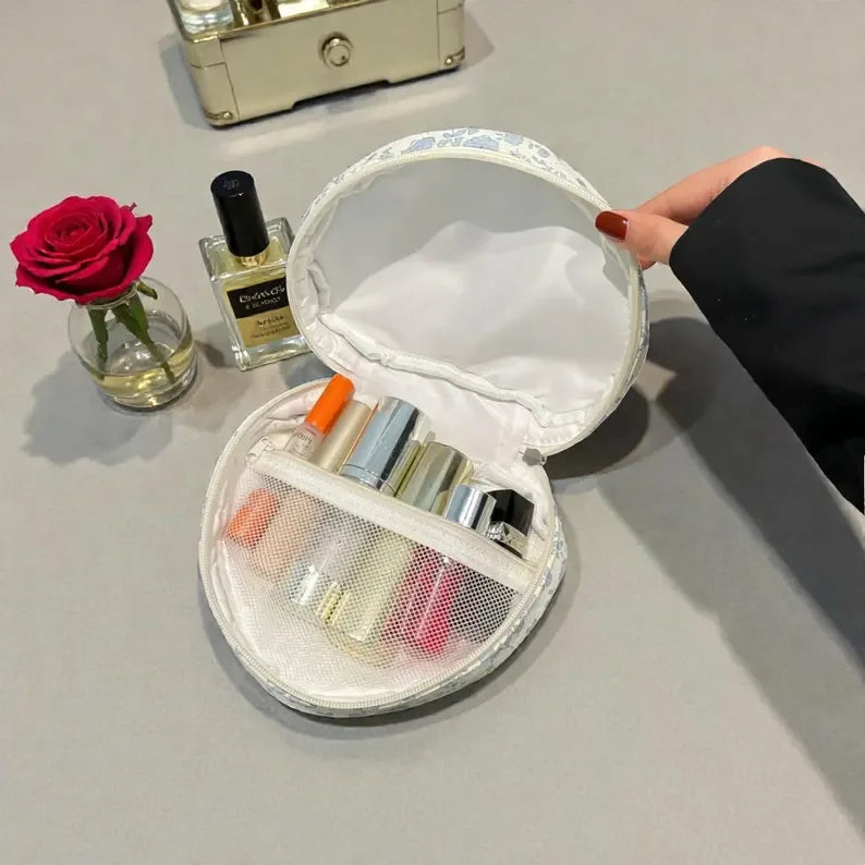 Quilted Cotton Makeup Bag Heart Shaped Floral Cosmetic Organizer Travel Toiletry Bag with Zipper