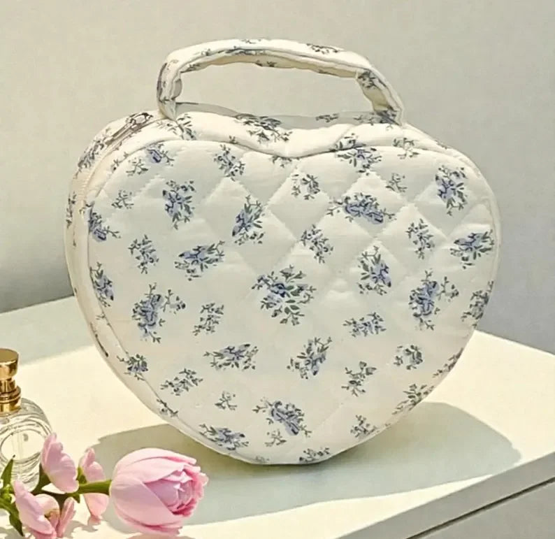 Quilted Cotton Makeup Bag Heart Shaped Floral Cosmetic Organizer Travel Toiletry Bag with Zipper