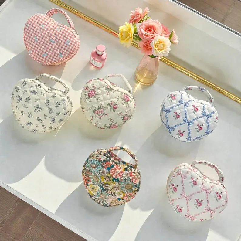 Quilted Cotton Zipper Makeup Case Heart Shaped Handle Cosmetic Organizer Large Capacity Travel Toiletry Bag