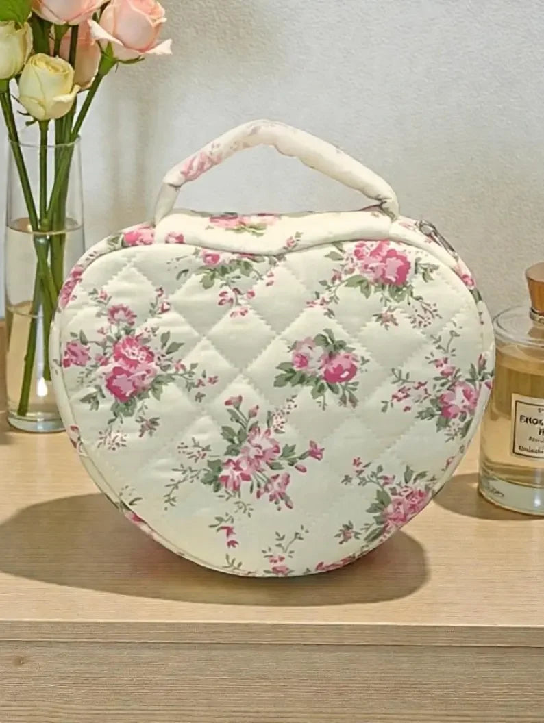 Quilted Cotton Zipper Makeup Case Heart Shaped Handle Cosmetic Organizer Large Capacity Travel Toiletry Bag