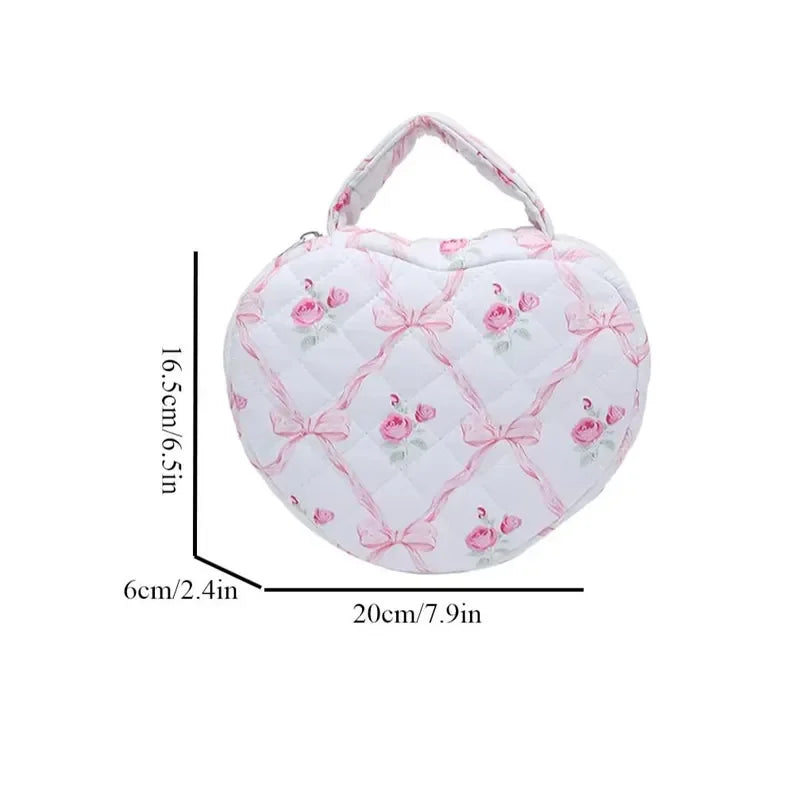 Quilted Cotton Zipper Makeup Case Heart Shaped Handle Cosmetic Organizer Large Capacity Travel Toiletry Bag