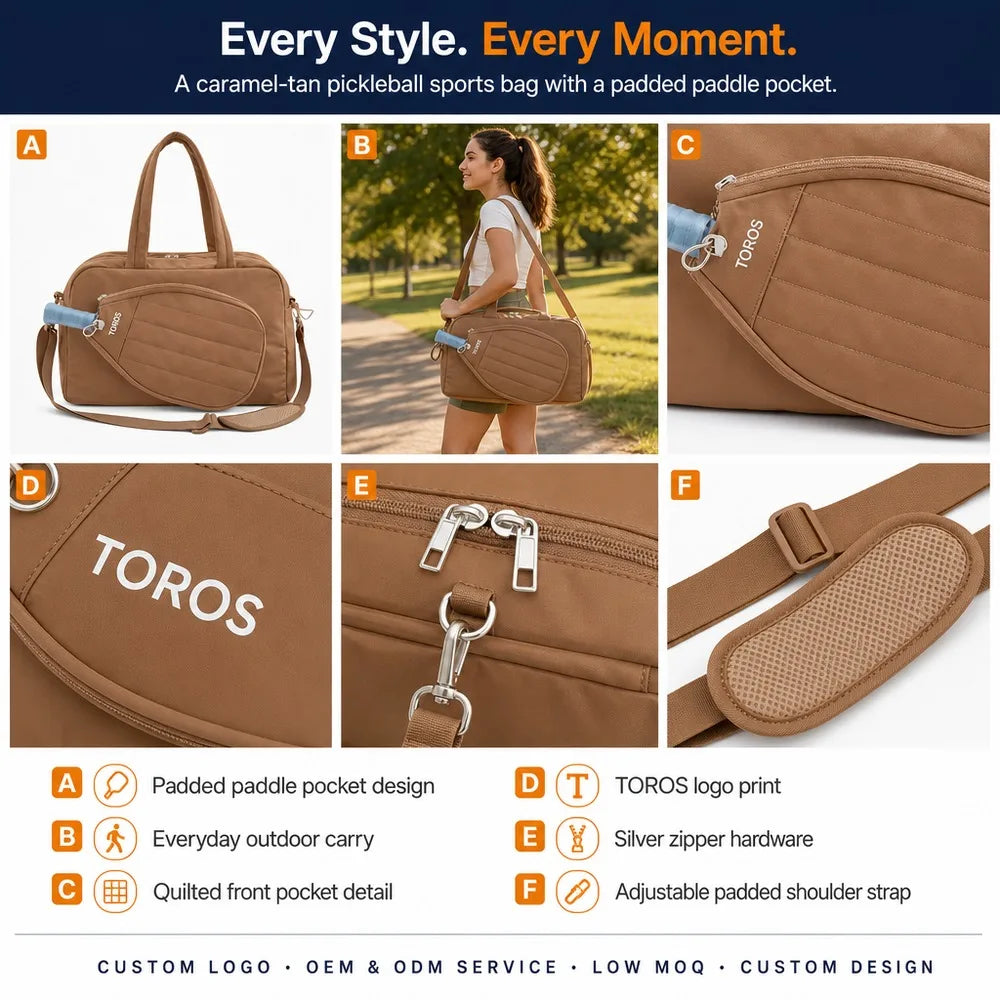 Quilted Duffel Bag with Paddle Pocket Fits Pickleball Paddle Tennis Racket Shoe Compartment Trolley Sleeve Padded Straps