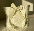 Quilted Floral Print Travel Size Ribbon Beach Tote Bag With Logo