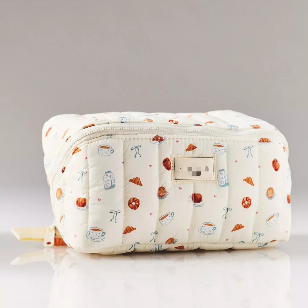 Quilted Makeup Box Bag Customized Floral Print Cosmetic Pouch Large Capacity Cosmetic Bag With Brush Holder Inside