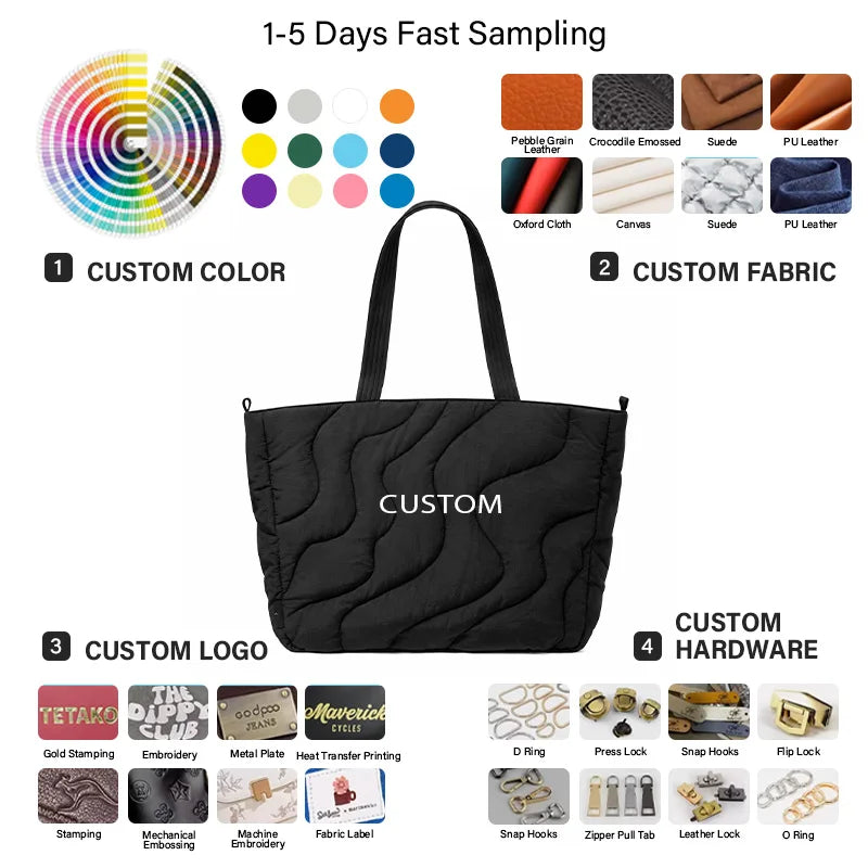 Quilted Nylon Tote Bag Large Capacity Lightweight Water Resistant Shoulder Handbag Zipper Closure for Work Commute