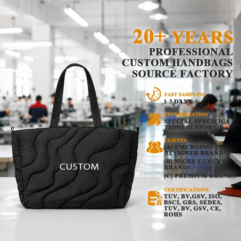 Quilted Nylon Tote Bag Large Capacity Lightweight Water Resistant Shoulder Handbag Zipper Closure for Work Commute