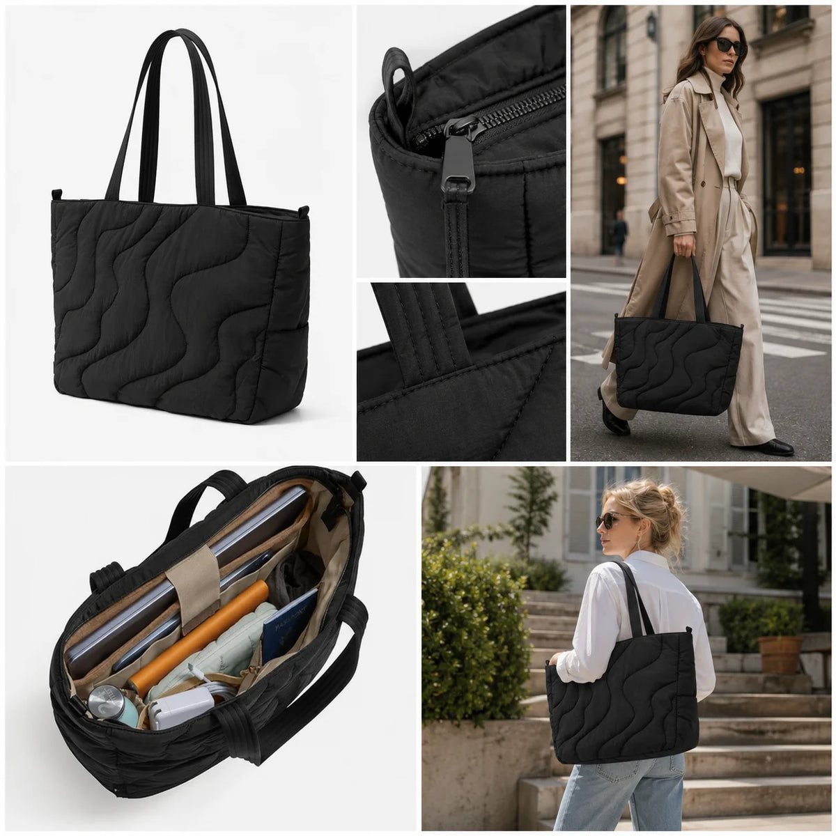 Quilted Nylon Tote Bag Large Capacity Lightweight Water Resistant Shoulder Handbag Zipper Closure for Work Commute