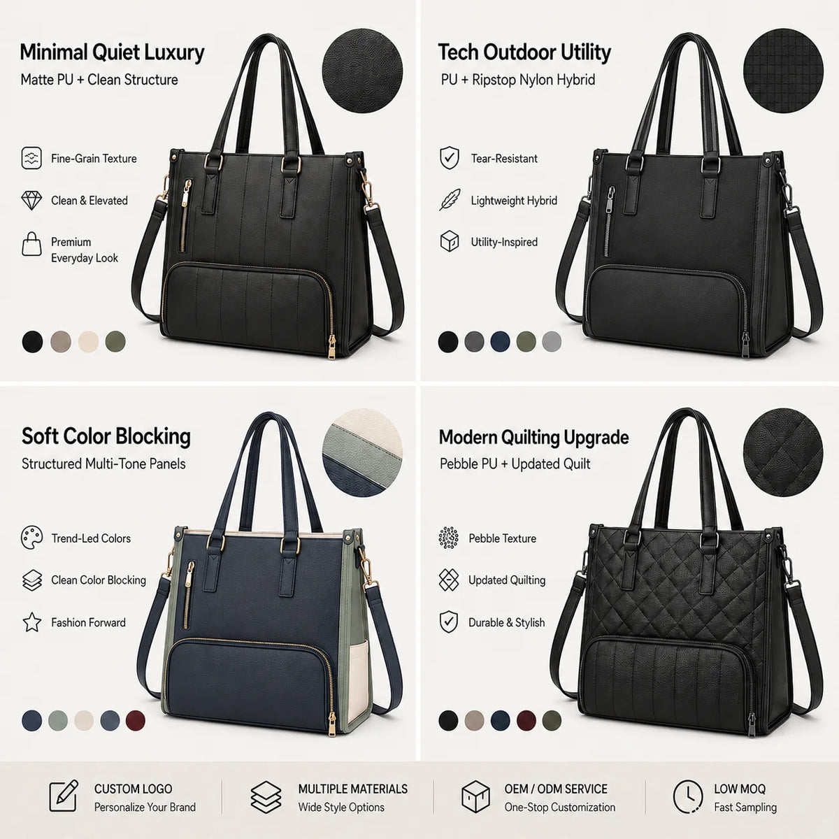 Quilted Series Business Quilted PU Laptop Tote Bag Work Commuting FBA Ready Custom Logo OEM ODM Private Label Low MOQ