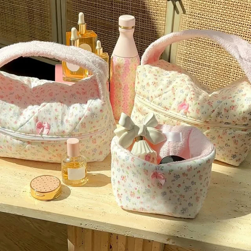 Quilted Soft Fabric Baby Pink Terry Handbag Personalized Logo Handle Cute Outdoor Bag With Rose