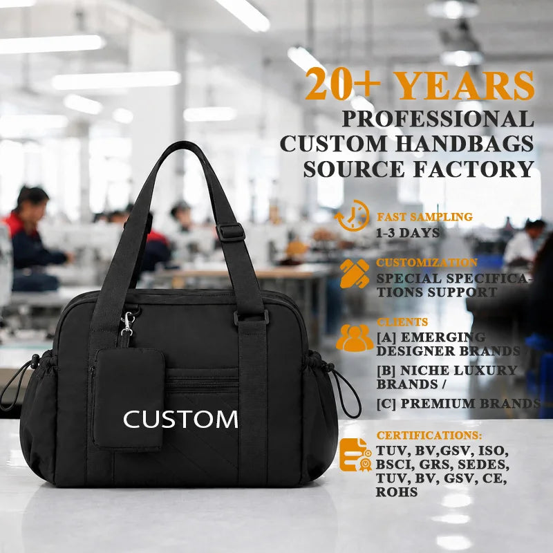 Quilted Travel Gym Bag, Yoga Mat Bottom Straps Large Capacity Weekend Duffel, Detachable Pouch, OEM/ODM Low MOQ Wholesale