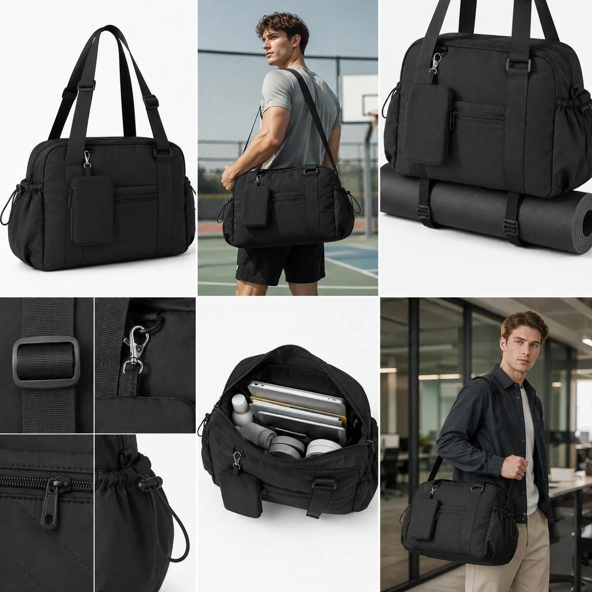 Quilted Travel Gym Bag, Yoga Mat Bottom Straps Large Capacity Weekend Duffel, Detachable Pouch, OEM/ODM Low MOQ Wholesale